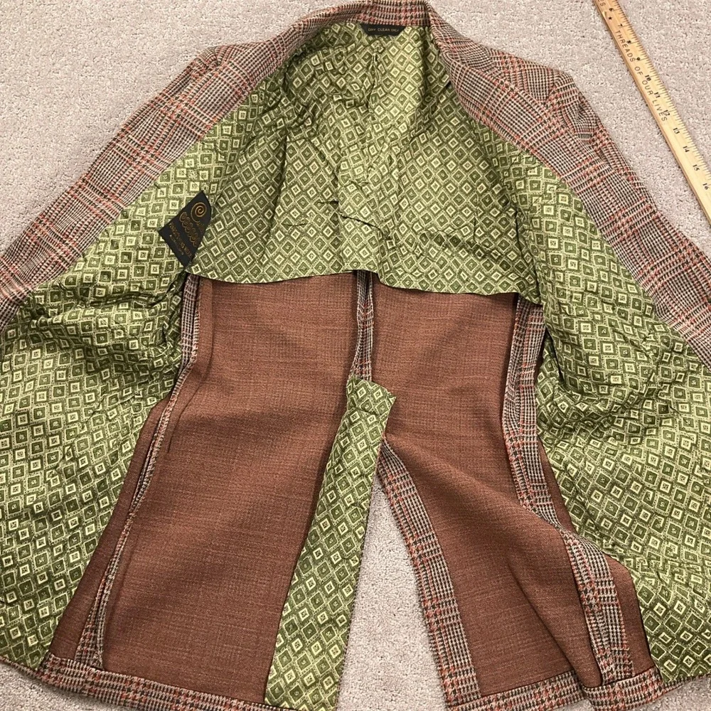 Vintage 70s Curlee Blazer Mens‎ 38R Tan Orange Green Houndstooth Plaid Classic